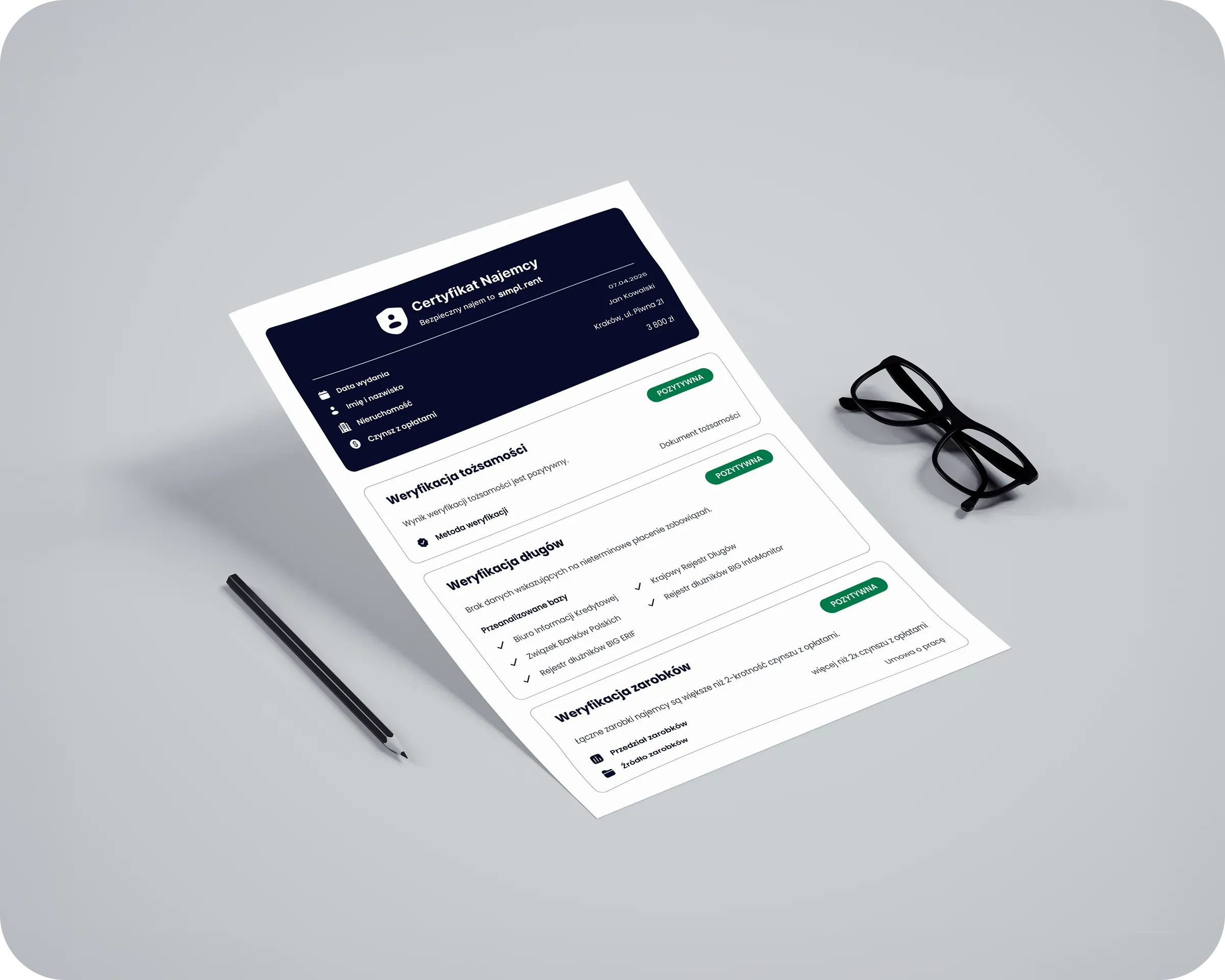 Роздрукований Сертифікат Орендаря simpl.rent поруч із окулярами та олівцем
